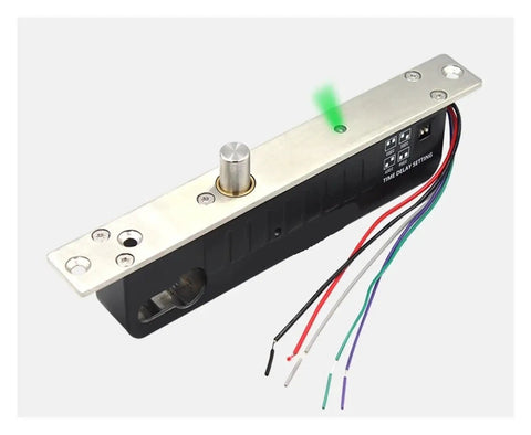 12V 24V Plug And Play Electric Drop Bolt Lock With Manual Key Override Cylinder showing wiring setup and control panel detail.