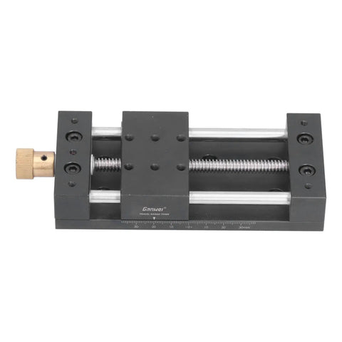 Butter Smooth Aluminum Linear Slide Table With Base Heavy Duty Manual Actuator Rock Solid 75mm Stroke Tough 10kg Load Rating Shop Ready Setup For Robotics And Build Mods top view showcasing smooth linear motion and adjustable knob.
