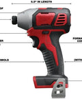 Heavy Duty 18 Volt Cordless Rig showcasing quarter inch hex impact driver with rubber overmold and LED light, weighing 2.3 lbs.