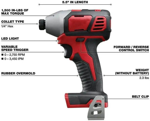 Heavy Duty 18 Volt Cordless Rig showcasing quarter inch hex impact driver with rubber overmold and LED light, weighing 2.3 lbs.