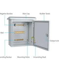 Straight Up Heavy Duty Five String Solar Pv Combiner Box With Built In Din Rail And Circuit Breaker For Off Grid Arrays inner view showing components.