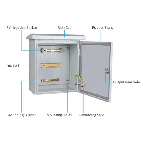 Straight Up Heavy Duty Five String Solar Pv Combiner Box With Built In Din Rail And Circuit Breaker For Off Grid Arrays inner view showing components.
