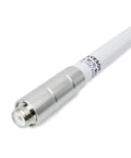 Close-up of Fiberglass VHF Ham Radio Antenna 17 Inch Base Antenna 136 174 MHz With SO239 Connector, silver connector end visible.