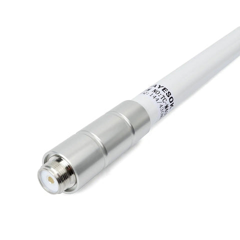 Close-up of Fiberglass VHF Ham Radio Antenna 17 Inch Base Antenna 136 174 MHz With SO239 Connector, silver connector end visible.