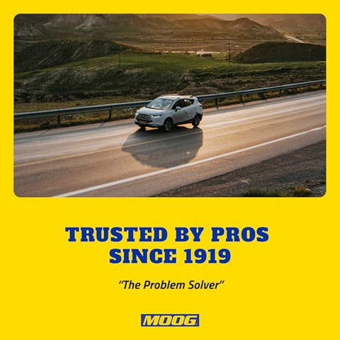 SUV driving on a highway at sunset with text 'Trusted by Pros Since 1919' and 'The Problem Solver' with Moog logo