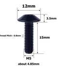Badass Grade 5 TC4 Titanium Bolts M5 M6 M5x15 mm Button Head T25 Torx Screws Black Anti Corrosion Fasteners For Dirt Bike Motorcycle Repair Gear 4 Pieces close-up on 15mm black titanium screw with measurements.