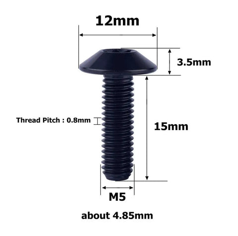 Badass Grade 5 TC4 Titanium Bolts M5 M6 M5x15 mm Button Head T25 Torx Screws Black Anti Corrosion Fasteners For Dirt Bike Motorcycle Repair Gear 4 Pieces close-up on 15mm black titanium screw with measurements.