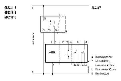 Wiring diagram for Hella Reliable Rotary Air Damper Actuators Powerpack With Two Tandem Mounted Units 35 Nm Three Position Torque AC 230V.