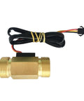 Brass Water Flow Switch Sensor 1-30 Liters Per Minute With Three Quarter NPT Thread For Water Heaters And Dispensers DC 5-15V Durable Flow Switch For Home And DIY Projects Reliable And Easy To Install visible with wires attached.