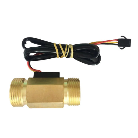 Brass Water Flow Switch Sensor 1-30 Liters Per Minute With Three Quarter NPT Thread For Water Heaters And Dispensers DC 5-15V Durable Flow Switch For Home And DIY Projects Reliable And Easy To Install visible with wires attached.