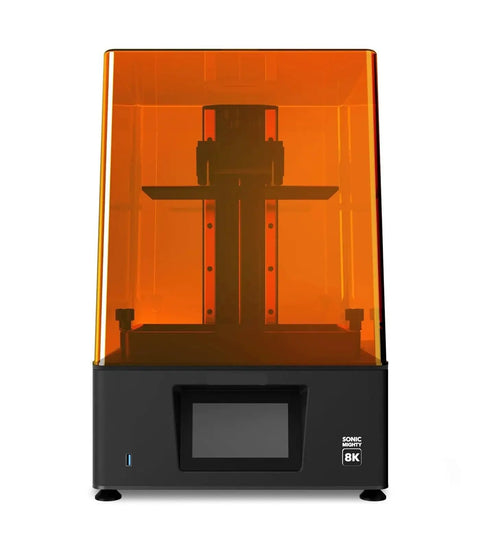Top Shelf 10.1 Inch 8K Mono LCD Replacement Screen For Resin 3D Printers visible in a black 3D printer with orange cover.