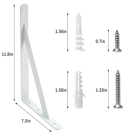 Heavy Duty Shelf Brackets 12 Inch By 8 Inch With Screws 8 Pack White Metal L Brackets For Shelves Floating Shelf Support Angled Corner Brackets Easy Install Mounting Hardware Included, showing bracket and screw dimensions.