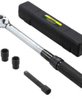 Half Inch Drive Click Torque Wrench Dual Direction Adjustable, 10-150 Ft-Lb, with 72-Tooth Head, case, and sockets