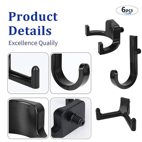Close-up of six pack heavy duty ABS storage shed hooks in J, U, V shapes for ladders and garden tools, showing threaded mounts.
