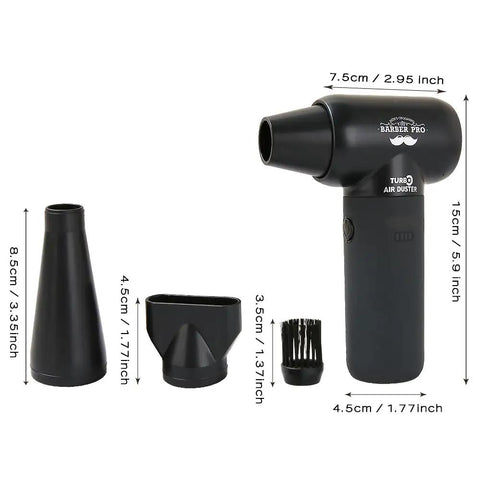 Cordless Electric Air Duster With 3 Gear Mini Portable Jet Dry Blower and nozzles, dimensions in inches.