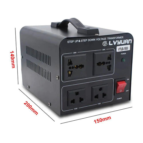 1500W Voltage Transformer Converter For Easy Power Up Or Down With 2 US Outlets And 2 Universal Sockets, in black metal case