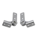 Front view of two-piece stainless steel flip hinge dampers with mounting plates (R and F) for cabinets, boxes