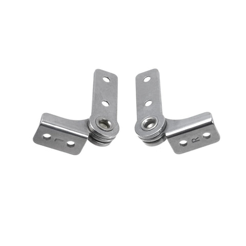Front view of two-piece stainless steel flip hinge dampers with mounting plates (R and F) for cabinets, boxes