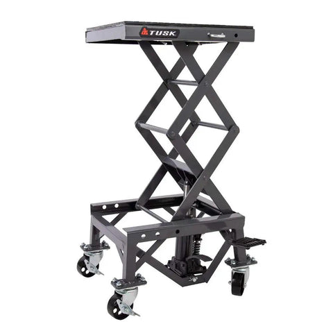 Heavy Duty Scissor Lift Stand For Motorcycles With Adjustable Height From 13.75 To 34 Inches Casters Rubber Top Pad Supports Up To 300 Lb