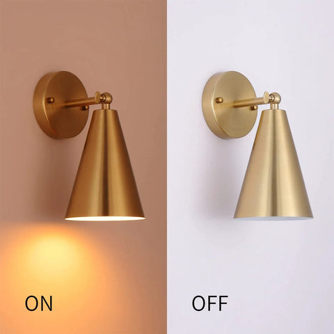 Gold Brass Wall Sconces Set Of 2 With Dope Adjustable Swing Arm Lamps shown ON and OFF, modern farmhouse style lighting