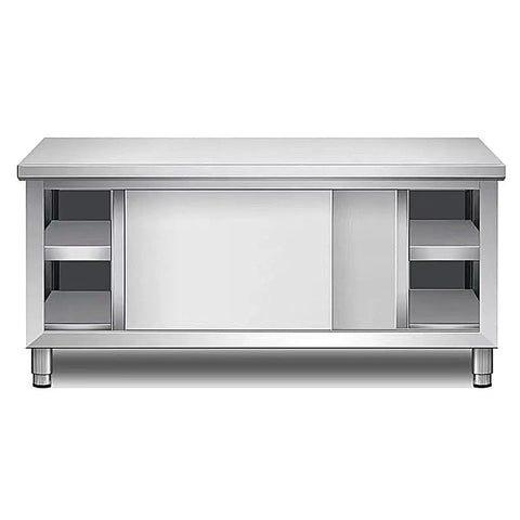 Heavy Duty Stainless Steel Workhorse Prep Table With Cabinet Commercial Kitchen Workbench Featuring Sliding Door Storage For Restaurants And Home Garages 180X60Cm front view of stainless steel prep table with sliding doors and open shelves