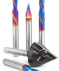 Blueline 5-Piece CNC Starter Set With 1/4 Inch Shank, Spektra Coating nACo Bits showing sharp tips and colorful coating.