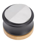 Dual Head Espresso Coffee Distributor And Adjustable Tamper With Bamboo Base, 51MM, stainless steel top, smooth design.
