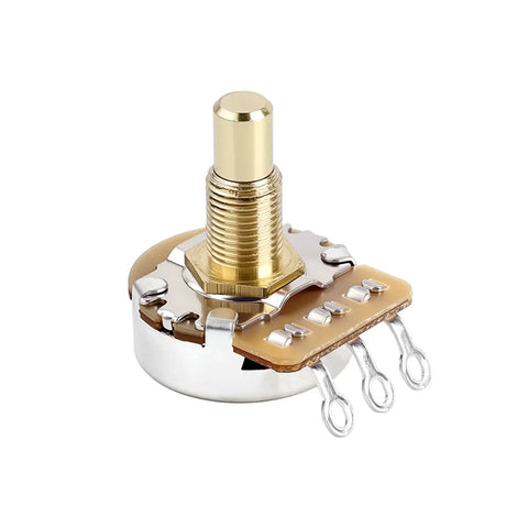 Audio A250K And B250K M8 Through Hole Guitar Potentiometers with full sized solid shaft showing 18mm long detail
