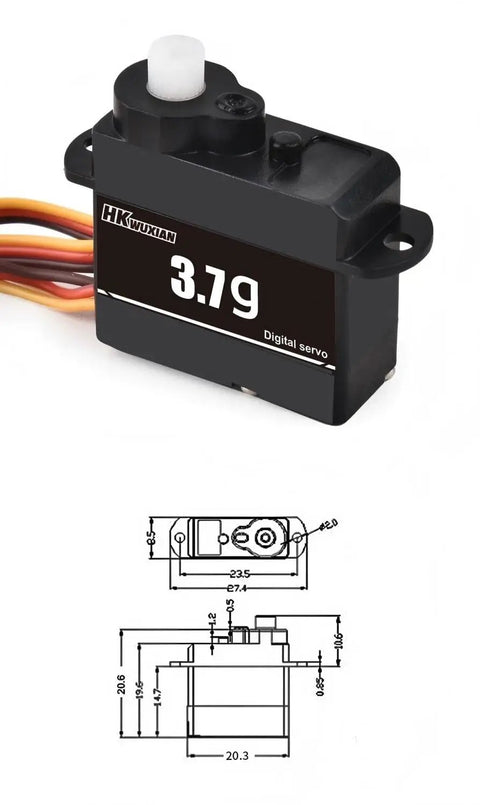 Rock Solid Three Point Seven Gram Digital Servo Featuring Plastic Gears And A Coreless Motor For Fixed Wing Remote Control Cars Helicopters And Robots Hella Smooth High Precision Dual Pack with dimensions.