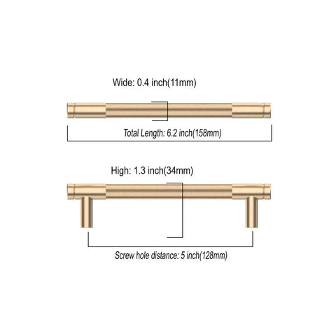 Dimensions of Top Shelf 10 Pack 5 Inch Gold Knurled Cabinet Pulls With 128mm Mounting Holes, showing 6.2 inch length and 0.4 inch width.
