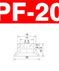 PJG PF-20 silicone vacuum cup dimensions for set of 10, size 20mm, designed for pneumatic automation and lifting tasks.