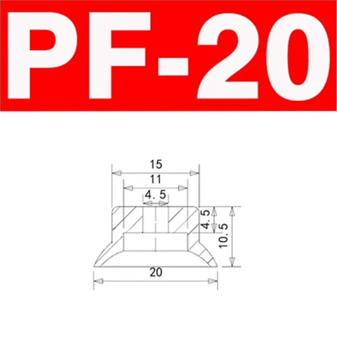 PJG PF-20 silicone vacuum cup dimensions for set of 10, size 20mm, designed for pneumatic automation and lifting tasks.