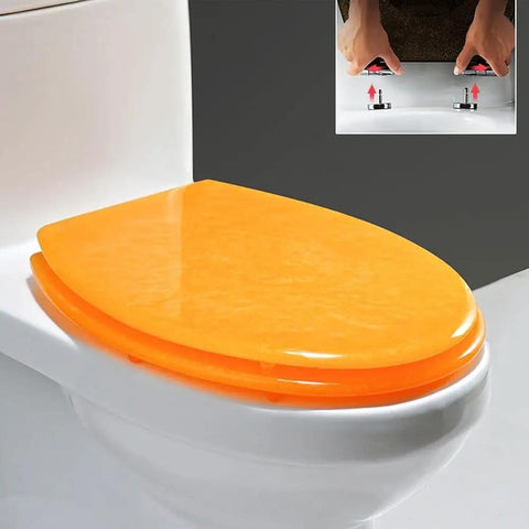 Slick Glitter Toilet Seat Soft Close Rounded Molded Resin Cover in bright orange color, showcasing quick setup features.