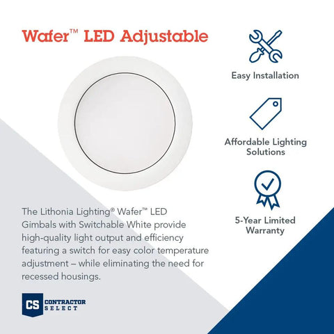 6-Inch Adjustable Gimbal Wafer LED Downlight With Switchable Color Temperature 30K 40K 50K 90 CRI Ultra-Thin Round Trim Ceiling Light
