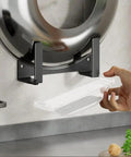 Wall Mounted Pot Lid Rack And Cutting Board Shelf With Drain Pan Self Adhesive Carbon Steel Space Saving Storage Rack in use