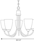 Diagram of Five Light Etched Glass Traditional Chandelier In Brushed Nickel From Gather Collection, size 15x20-1/2 inches.