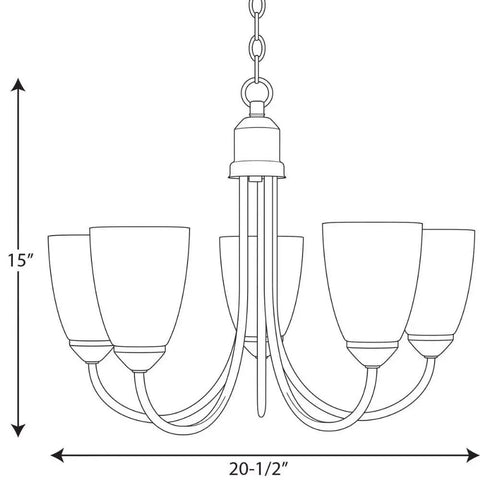 Diagram of Five Light Etched Glass Traditional Chandelier In Brushed Nickel From Gather Collection, size 15x20-1/2 inches.
