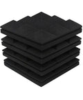Rock Solid Acoustic Foam Panels 6 Pack Pyramid Soundproof Wall Decor 12X12X2 Inch stacked black foam tiles for sound dampening.