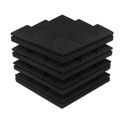 Rock Solid Acoustic Foam Panels 6 Pack Pyramid Soundproof Wall Decor 12X12X2 Inch stacked black foam tiles for sound dampening.
