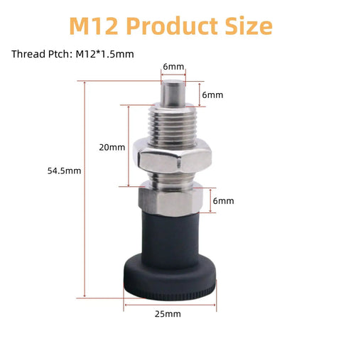 M12 stainless steel spring plunger with size markings for precise clamping and alignment in tough setups.