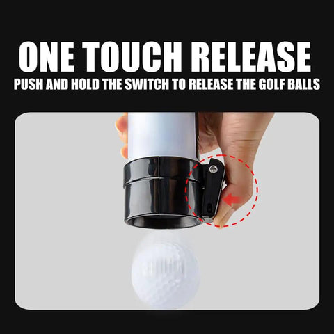 Hand using Back Saver Golf Ball Retriever with Easy Press Tube to release golf ball, one-touch mechanism shown in action.