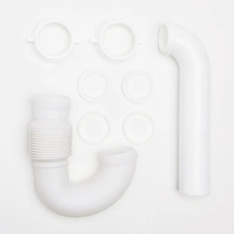 FlexTRAP Expandable P Trap Universal Drain Connector Fit 1 1/2 Inch Or 1 1/4 Inch with 1 1/2 Inch Reducing Gaskets, components view.