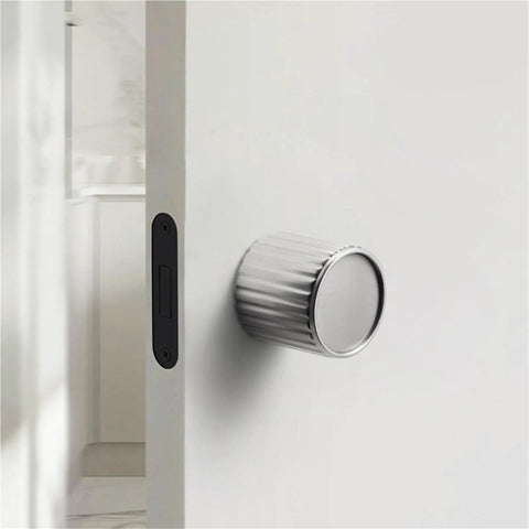 Bedroom Door Lock With Silent Operation, Universal Fit Knob Style Handle, gray knob on white door, easy install hardware.