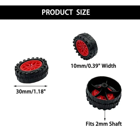 20 Pack Toy Car Wheels With 10 Metal Axles For RC Cars And DIY Bots, Red Plastic Wheels 30mm Dia, 10mm Thick, Fits 2mm Shafts