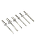 Six aluminum rivets from the 120 Piece Blind Rivet Kit With Aluminum Dome Head Rivets M3.2 And M4 on a white background