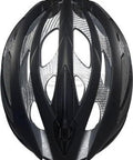 Top view of a black aerodynamic bicycle helmet with ventilation slots, lightweight design for road cycling.