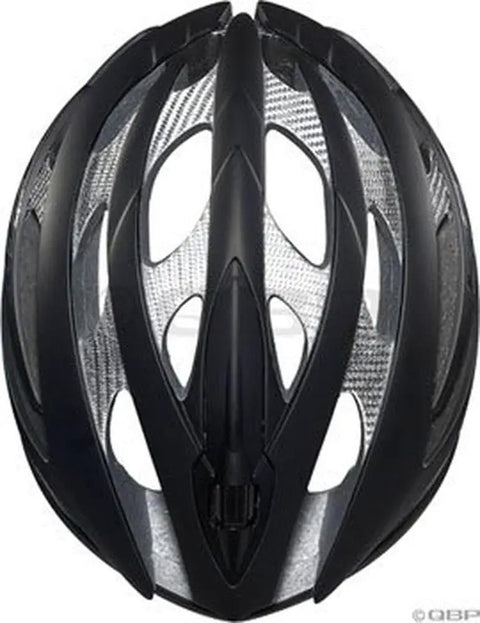 Top view of a black aerodynamic bicycle helmet with ventilation slots, lightweight design for road cycling.