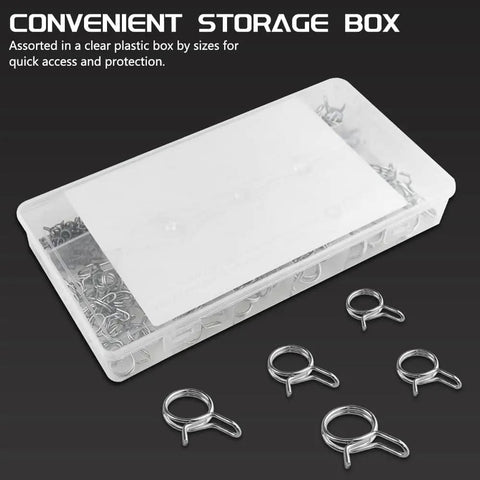 250 Piece Double Wire Fuel Line Hose Clip Assortment Kit For Motorcycle And ATV 5 To 14 Millimeter Spring Clips in box