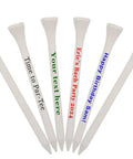 White Wooden Golf Tees 100 Pack 2 And 3 Quarter Inch Customizable Two Line Personalization Tees with messages shown