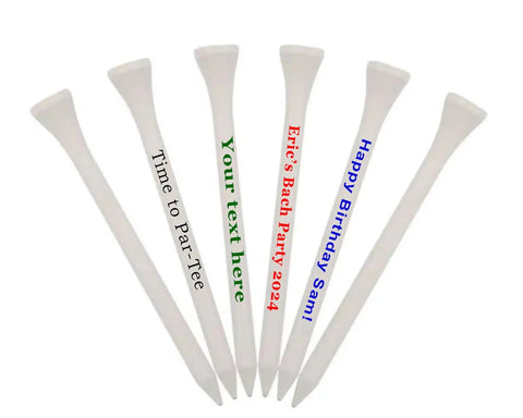 White Wooden Golf Tees 100 Pack 2 And 3 Quarter Inch Customizable Two Line Personalization Tees with messages shown